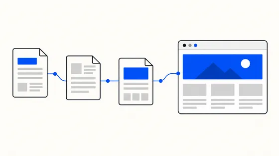 Three structured content documents flowing into a finished business website