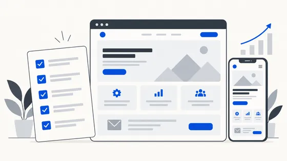 Illustration of a website layout, mobile preview and completed launch checklist